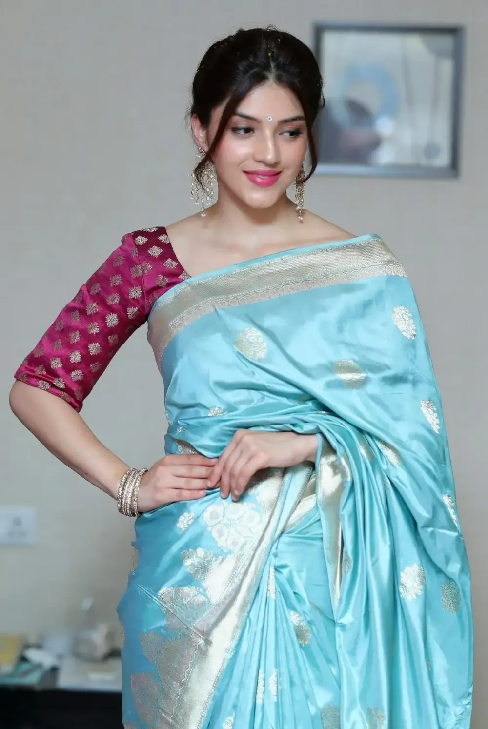 Indian Actress Mehrene Kaur In Traditional Blue Silk Saree